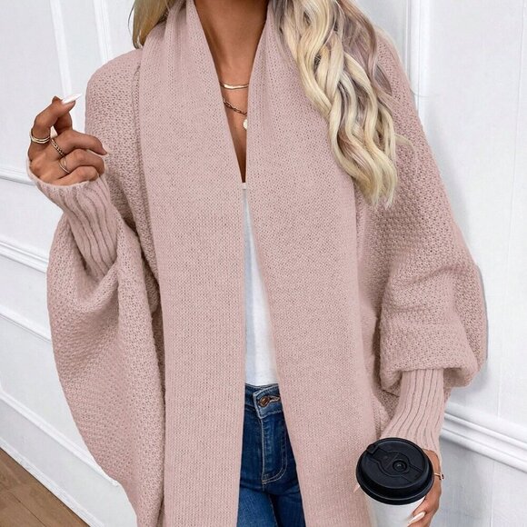 Pink Casual Women's Solid Color Batwing Sleeve Long Sleeve Cardigan - Picture 3 of 4